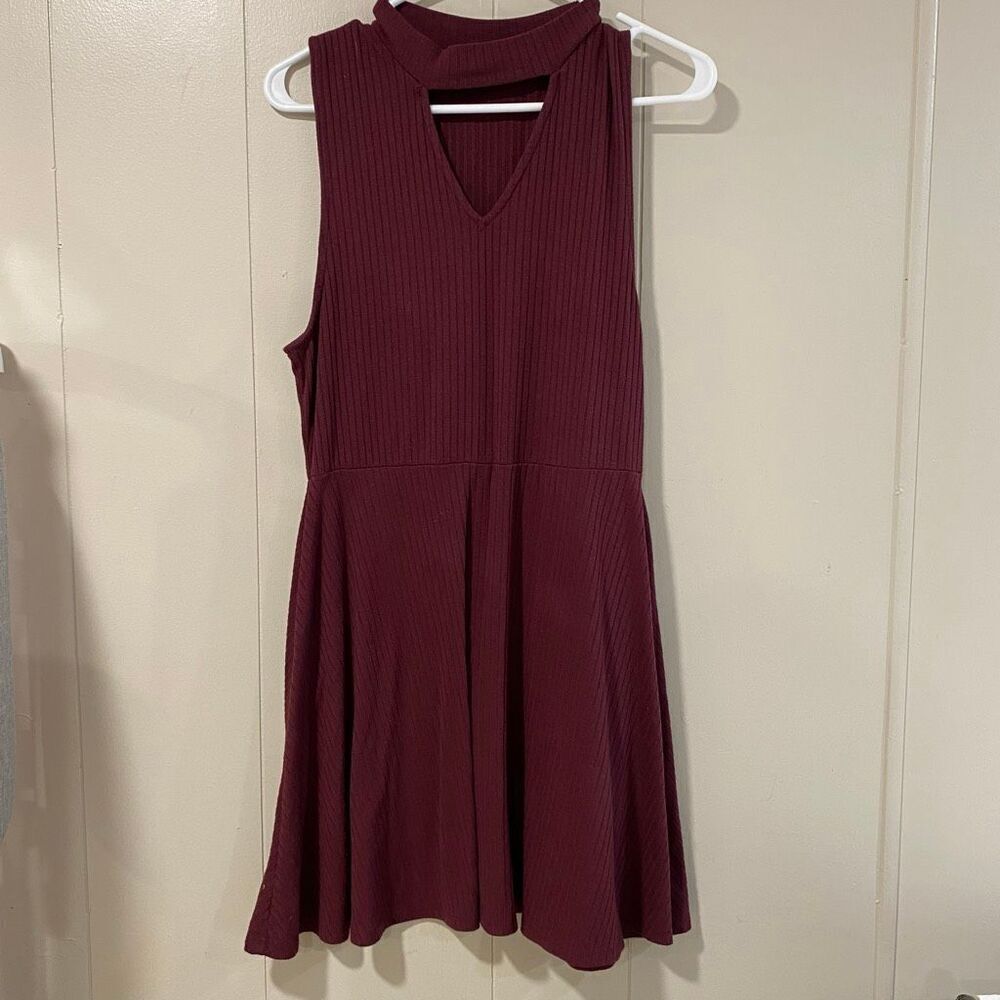 Aeropostale Burgundy Ribbed Fit & Flare Dress Women’s Large Sleeveless Mock Neck